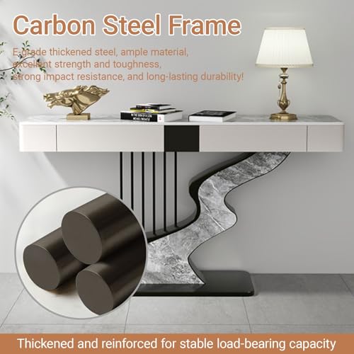 Half Moon Contemporary Console Table Slate Tabletop Black/Gold Luxury EntrywaySofa Table Long Narrow with Two Storage Drawers Creative Carbon Steel Base Decorative(Gold A,140cm/55.1IN) YITAYMLI
