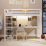 Giantex Twin Loft Bed with Desk & Hutch, Wooden Loft Bed w/LED Light & Charging Station, Safety Guardrails & Ladder, Twin Bed Frame w/Storage Shelves for Dorm, Apartment, No Box Spring Needed, White Giantex