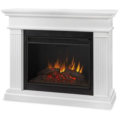 BOWERY HILL Contemporary 55.5" Wooden Surround Heater Electric Solid Wood Fireplace with Remote Control, Adjustable Led Flame, 1500W in White