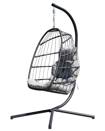 HWB Hanging Egg Chair with Stand, Patio Wicker Egg Swing Chair with Cushion for Bedroom Garden Indoor Outdoor (Grey) - WoodArtSupply