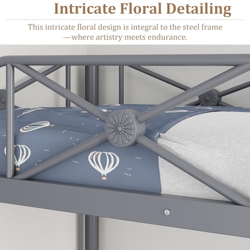 IDEALHOUSE Metal Bunk Bed Twin Over Twin, Modern Heavy Duty Bunkbeds with Safety Guard Rails & Space-Saving Design, Steel Twin Bunk Beds for School, Bedroom, Grey IDEALHOUSE