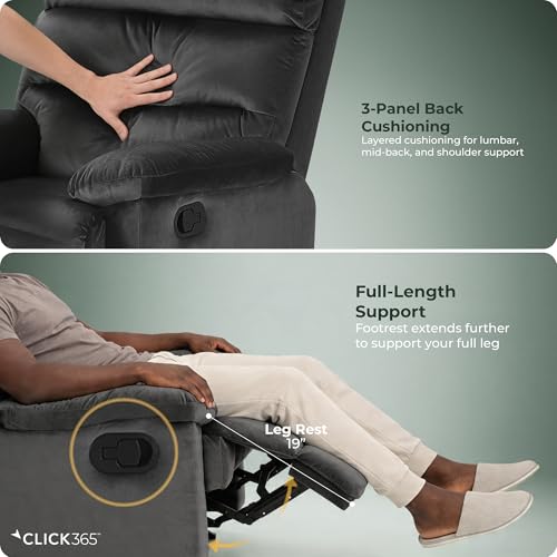 Click365 Davis Graphite Gray Recliner Chair, Upholstered Push-Back Recliner with Padded Arms, Living Room Lounge Chair for TV, Reading or Gaming