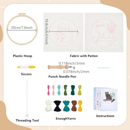 BEUNITONE 2PCS Cat Punch Needle Kit for Adults Beginners, Complete Craft Embroidery Needlepoint Kits with Hoop and Instructions, Punch Needle Starter Craft Set for Home Decor, Festival Gift 20x20cm