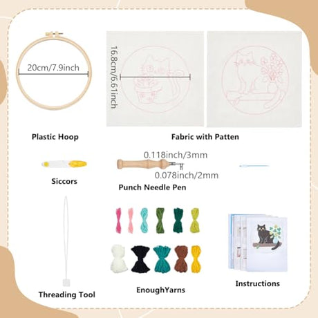 BEUNITONE 2PCS Cat Punch Needle Kit for Adults Beginners, Complete Craft Embroidery Needlepoint Kits with Hoop and Instructions, Punch Needle Starter Craft Set for Home Decor, Festival Gift 20x20cm BEUNITONE
