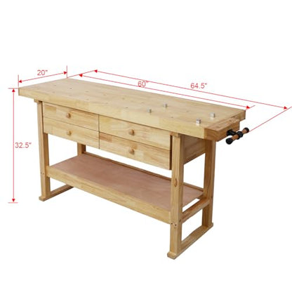 60" Solid Wood Workbench with 4 Drawers and Lower Shelf, Durable Rubberwood Wooden Workbench for Garage, Woodworking Carpenter Workshop and Home Natural Finish 330 lbs Capacity - WoodArtSupply