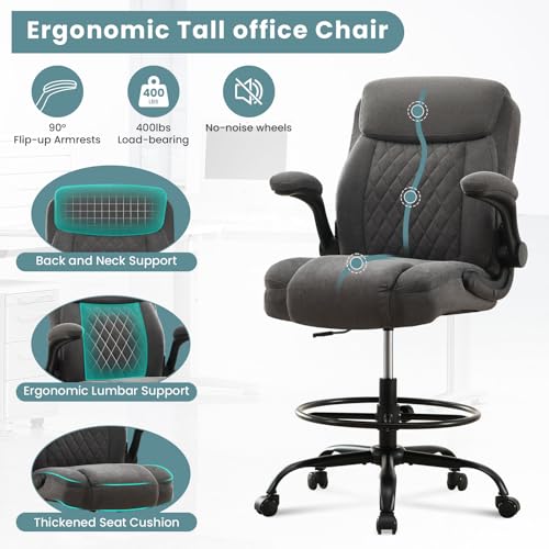 MAHOMICO Drafting Chair for Standing Desk – Tall Office Chair with Adjustable Height & Foot Ring, Flip-Up Arms, Lumbar Support – Comfortable Fabric Seat, Ideal Home Desk Chair MAHOMICO