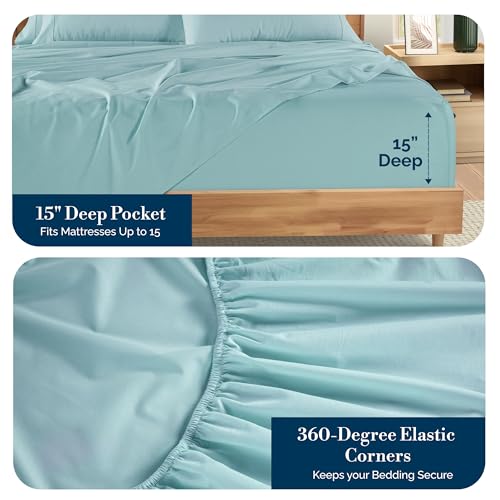 Casa Platino Queen Sheets Sets – 100% Cotton Queen Sheets Cooling with 4 Pillowcases, 15" Deep Pocket Fitted Sheet, Crisp & Smooth Feel, Ultra Soft & Cozy, Fit – Blue Sky Casa Platino