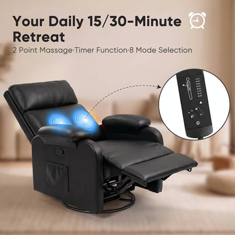 Flamaker Rocking Chair for Nursery, 360 Swivel Rocker Recliner with Vibration Massage, PU Leather, Adjustable Backrest, for Living Room, Bedroom (Black) Flamaker