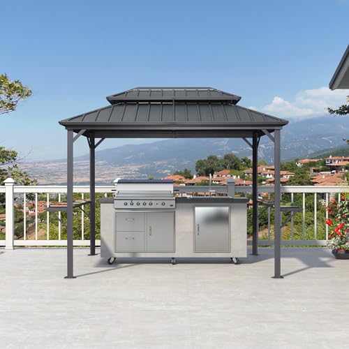 PURPLE LEAF 6.5' X 10' Hardtop Grill Gazebo for Patio Permanent Aluminum Barbeque Shelter Gazebo Canopy with Ceiling Hook and Shelves Double Tiered Grey Outdoor BBQ Gazebo PURPLE LEAF