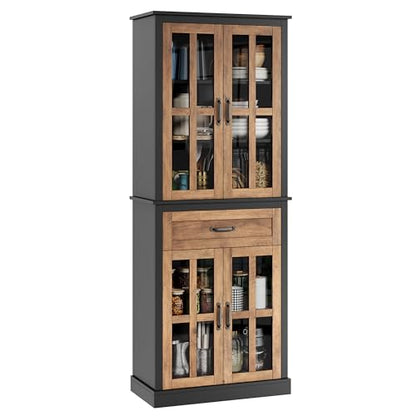 FOTOSOK 71'' Kitchen Pantry Cabinet, Tall Kitchen Cabinet Pantry Cabinet with Glass Doors and Drawer, Freestanding Food Pantry Kitchen Hunch with Adjustable Shelves for Dining Living Room, Na - WoodArtSupply