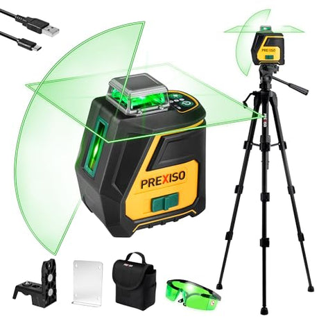 PREXISO 360 Laser Level with Tripod - IP54 Rechargeable Wide Angle Vertical Line Laser, 100Ft Green 3 Brightness Adjustment Self Leveling Cross Line for Construction, Floor Tile, Renovation Prexiso