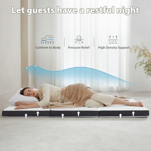 Tri Fold Memory Foam Foldable Mattress Single, 3 inch Folding Mattress for Guest Sleep. Portable Trifold Mat with Removable Washable Cover, Floor Sleeping Mat for Adult and Kid HUEIFY