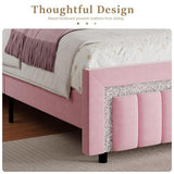 HOMBCK King Size Bed Frame, Pink Bed Frame King with Diamond Vertical Channel Headboard, Upholstered Velvet Headboard and Footboard, Adjustable Headboard, No Box Spring Needed, Easy Assembly, Pink HOMBCK