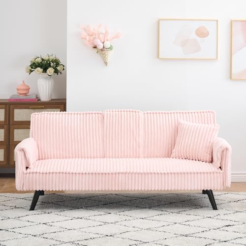 72" Modern Corduroy Sofa Bed Futon,Convertible Sleeper Couch Bed with Cup Holder,4 Reclining Positions,Folding Sofa Cloud Loveseat for Small Living Room Apartment Office (Pink-New) Majnesvon