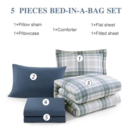 AMBERSPACE Twin XL Comforter Set, Blue Grey Plaid Bedding Set 5 Piece for Boys Girls Teen, Classic Homestead-Style Kids Comforter Set Bed in A Bag with Sheets, Pillowcase & Sham AMBERSPACE