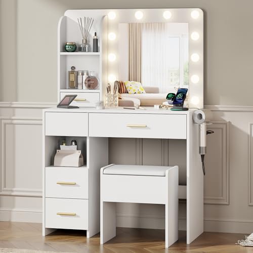 Furnivado Vanity Desk with Mirror and Lights, 3 Adjustable Lighting Makeup Vanity Desk with 3 Storage Shelves, 5 Large Drawers and Power Outlet, Vanity with Chair for Bedroom, White Furnivado
