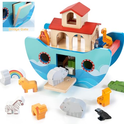 JUSTWOOD Wooden Noah's Ark Toy Animal Play Set, Bible Story Toys Baptism Gift for Boys and Girls Age 1+ Years, Baby Shape Sorter Toy JUSTWOOD