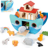 JUSTWOOD Wooden Noah's Ark Toy Animal Play Set, Bible Story Toys Baptism Gift for Boys and Girls Age 1+ Years, Baby Shape Sorter Toy JUSTWOOD