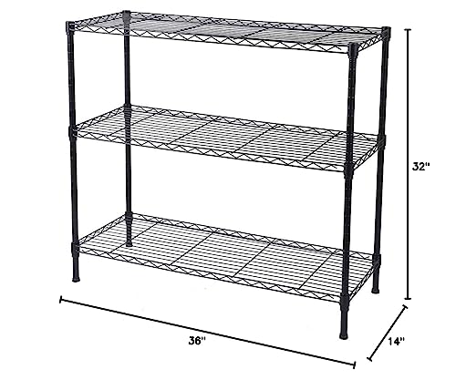 Standing Shelving Units, 36" W x 14" D x 32" H Metal Storage Shelves, Adjustable Carbon Steel Wire Shelving Rack Display Shelf for Garage Bathroom Kitchen Home Office (3-Tiers, Black) SoSo-BanTian1989