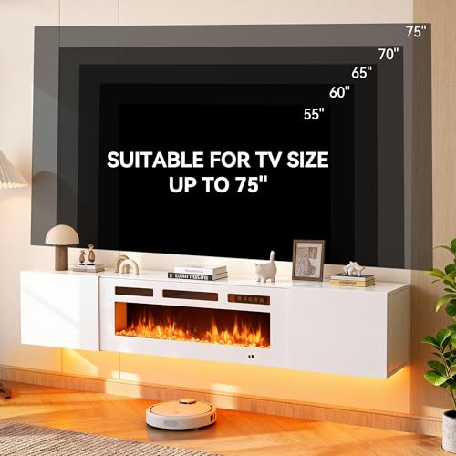 MXV 70'' Floating TV Stand, Modern Media Entertainment Center with 36" Electric Fireplace, TV Console Cabinet Wall Mounted, Adjustable 12-Color LED Lights, for Living Room, White + White MXV