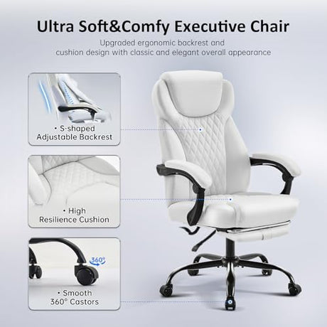 amseatec Office Chair, Big and Tall Office Chair with Foot Rest Ergonomic Chair Home Office Desk Chairs Reclining High Back Leather Chair with Lumbar Support(White) amseatec