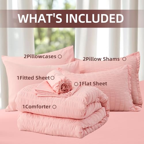 FUANNA Pink Full Size Comforter Sets 7 Pieces, Luxury Seersucker Bed in a Bag Full for All Seasons, Soft Bed Sets with Comforter, Flat Sheet, Fitted Sheet, Pillowcases & Shams for Bedroom FUANNA