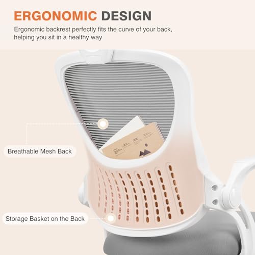 Sweetcrispy Home Office Desk Chair, Ergonomic High-Back Mesh Rolling Work Computer Chairs with Wheels and Adjustable Headrests, Comfortable Lumbar Support, Comfy Flip-up Arms for Bedroom, Study, Grey Sweetcrispy