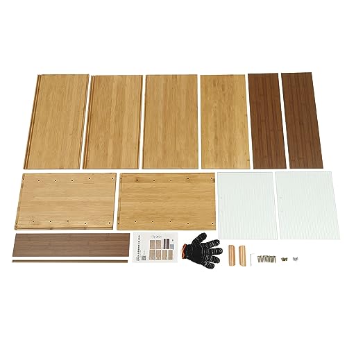 Bamboo Countertop Storage Cabinet with 2 Sliding Striped Glass Doors, Kitchen Cabinet Pantry Sideboard Freestanding Utility Cupboard for Spice Seasoning Bottles, Dish, Bowl (Wood Color) BuufuS