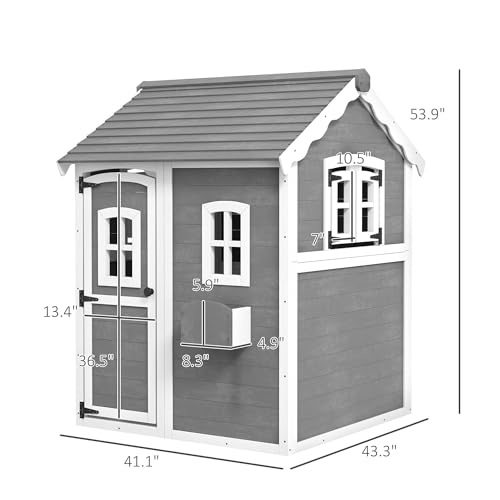 Outsunny Playhouse for Kids Outdoor, Wooden Playhouse with Floors, Doors, Windows, Planter Box, for 3-8 Years Old, Backyard, Lawn, Garden, Gray