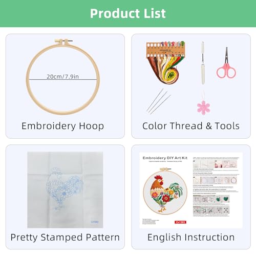Herdiese Beginner Embroidery Kit for Adults – Rooster & Flower Pattern with Hoop, Cotton Threads, Needles, Scissors & Video Tutorials – Complete Craft Set for Beginners, Creative Gift Idea