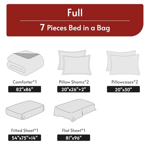 MUXHOMO 7 Pieces Full Comforter Set, Reversible Bed in a Bag Full Size, All Season Bedding Set with Comforter, Flat Sheet, Fitted Sheet, Pillowcases & Shams, Red & Black MUXHOMO