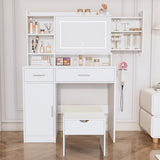 Viaozutis Vanity Desk with Mirror and Lights, with Hidden Shelves,4 Compartments,2 Drawers,Cabinet & Stool,Dimmable LED Lights,Power Outlets, Ideal for Bedroom Vanity Organization(White) Viaozutis