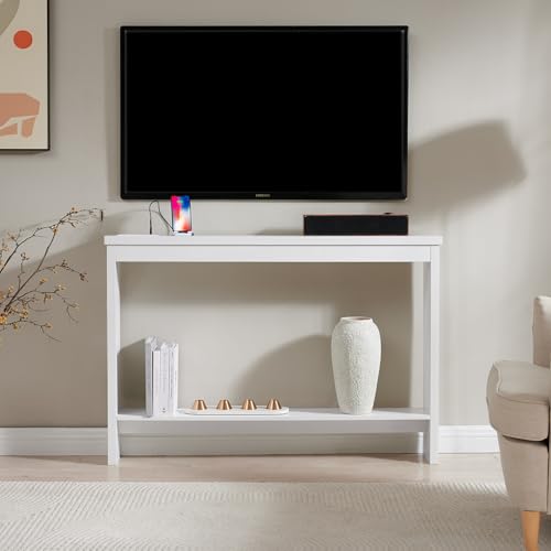 ZGREN Narrow Sofa Table with Outlet and USB Port, Behind Couch Table Skinny Console Table with Charging Station Thin and Long Slim Entryway Table for Living Room, Hallway, Entry Hall, Foyer, White ZGREN