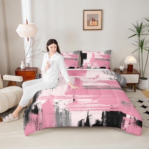 Erosebridal Girls Pink and Black Comforter Set Full Size Girly Abstract Pink Comforter Set for Kids Teens Women Geometric Modern Bedding Sets Minimalists Striped Art Bed Sets for Adults Boys Men Erosebridal