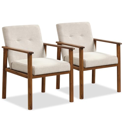 GOFLAME Accent Chair Set of 2, Mid-Century Modern Armchair with Solid Wood Legs, Soft Cushioned Seat, Upholstered Linen Fabric Leisure Chair for Living Room, Bedroom, Guest Room, Office, Beige GOFLAME