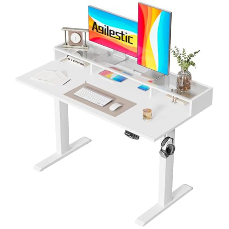 Agilestic Glass Standing Desk with Storage, 48 Inch Electric Adjustable Desk with Glass Shelf, Sit Stand Up Home Office Computer Table, Splice Board, White Agilestic