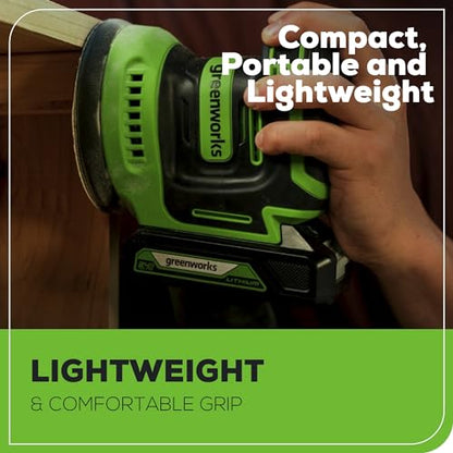 Greenworks 24V Cordless Orbital Sander, 5" Random Sanders Variable Speed, 11000 OPM, 3 Sandpaper Sheets, with 2Ah Battery and Charger - WoodArtSupply