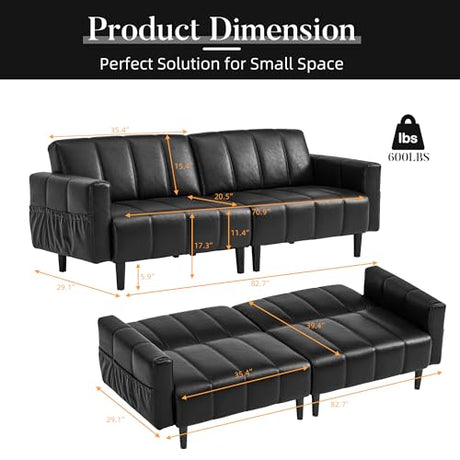 hausway 83”Faux Leather Futon Couch,Mid Century Modern Convertible Leather Sofa with Adjustable Backrest,Storage Pocket,Wooden&Steel Frame for Office,Living Room,Space-Saving,Black hausway