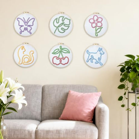 BEUNITONE Abstract Animal Embroidery Kit, 6PC Modern Line Art Needlepoint Kits with Hoops, Instructions, Threads, DIY Craft for Adults Beginners, Home Decor, Hand Embroidery Patterns for Gifts BEUNITONE