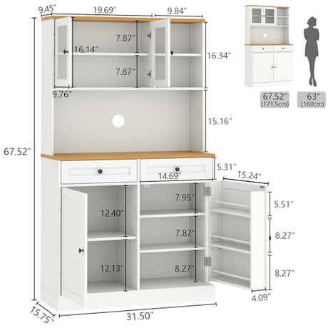 Tall Pantry Cabinet, Modern Kitchen Hutch with Microwave Stand, Kitchen Pantry Storage Cabinet with 2 Darwers & Door Shelf, Food Pantry with Glass Doors & Adjustable Shelves for Dining Room, White Gyfimoie