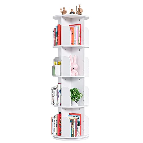 4-Tier Rotating Bookshelf Organizer by EasyCom - Space-Saving Floor Standing Bookcase in White - WoodArtSupply