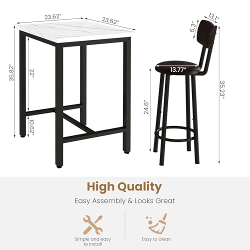 LTTROMAT Dining Table Set, 23.6” Square Faux Marble Table with 2 PU Upholstered Backrest Chairs, 3-Piece Kitchen Dining Room Set for Small Spaces, Kitchen, Restaurant Furniture, White LTTROMAT
