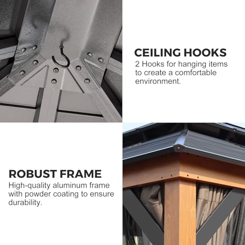 WELYAS Aluminum Hardtop Gazebo 10' X 12' Heavy Duty All Weather Wood Color Gazebos with Galvanized Steel Double Metal Roof for Garden Patio Deck Backyard, Curtains and Netting Included WELYAS