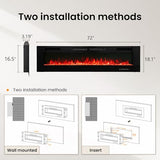 PHI VILLA 72" Electric Fireplace Wall Mounted & Recessed, 3.19" Ultra-Thin Linear Fireplace Electric Heater with Remote Control & Touch Screen, 750/1500W, Low Noise, Timer PHI VILLA