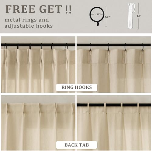 Beige Tan Linen 102 Inch Curtains 72 Inch Wide for Living Room Divider Privacy Pinch Pleated Drapes Hooks Rings Back Tab Farmhouse Light Filtering Extra Wide Sheer Curtains for Patio Balcony 72x102 DUKIYO