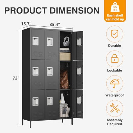 Letaya Metal Lockers for Employees-9 Door Storage Locker with Shelves and Lockable Steel Cabinet for School,Gym,Office,Staff(Black, 9 Door) Letaya