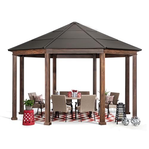 Sunjoy 15 x 15 ft. Octagon Hardtop Gazebo Black Aluminum Roof Gazebo with Metal Ceiling Hook Sunjoy