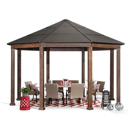 Sunjoy 15 x 15 ft. Octagon Hardtop Gazebo Black Aluminum Roof Gazebo with Metal Ceiling Hook Sunjoy