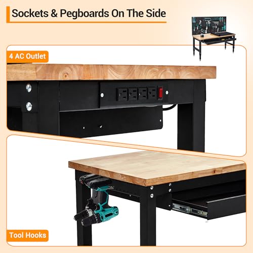 60 Inch Adjustable Work Table, 3000 Lbs Capacity Rubber Wood Tabletop Workbench, Heavy Duty Work Bench Table with 2 Drawers & Pegboard for Garage Woodworking Shop, with Power Outlet & Pegboard EliteEdge