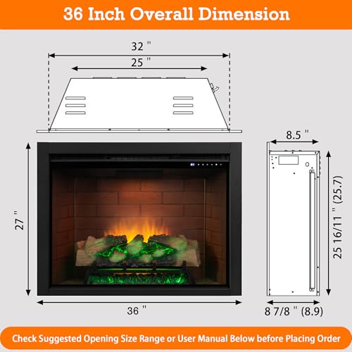 Unineo Electric Fireplace Insert w/Top Light, 12×12×12 Flame Color Option with Fire Crackling Sound, 36″W×27″H, 750W/1500W Eco Heater, Remote & Button Control, Black Unineo